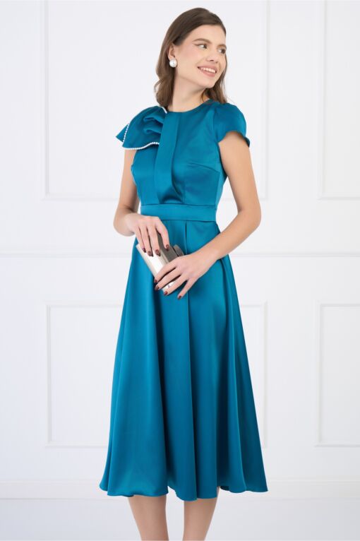 Black Friday 2022 Rochie Moze eleganta din satin turcoaz cu perlute la umar