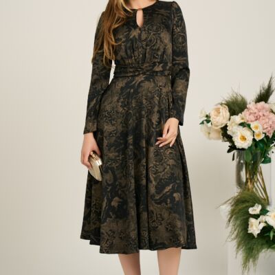 Black Friday Rochie Moze eleganta din voal satinat maro cu imprimeuri