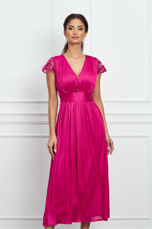 Black Friday 2022 Rochie Moze fuchsia din voal satinat cu paiete la maneci