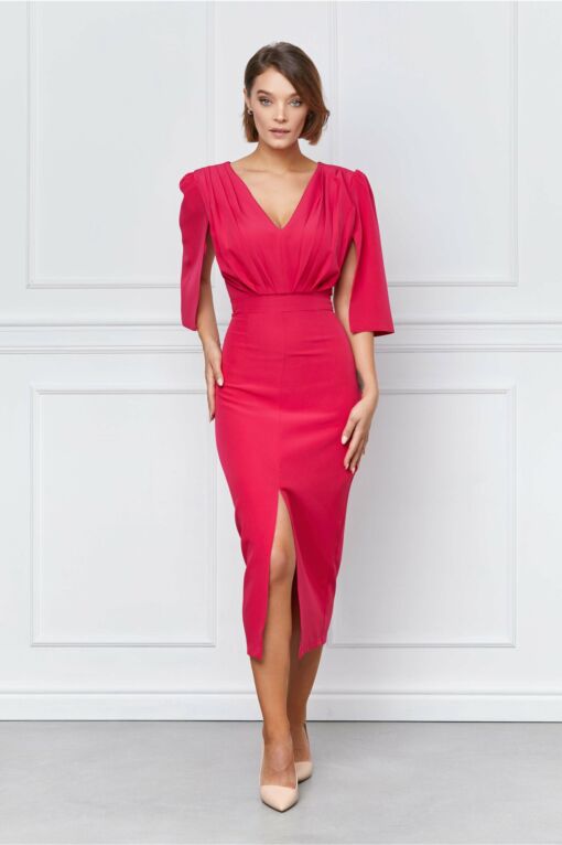 Black Friday 2022 Rochie Moze fucsia cu pliuri pe bust si maneci despicate