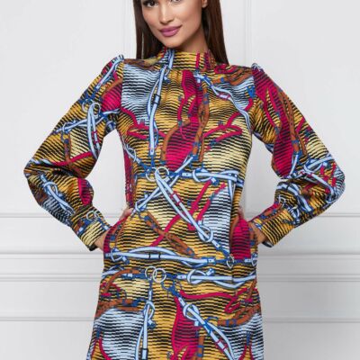Black Friday 2022 Rochie Moze galben mustar cu imprimeuri bleu si rosii