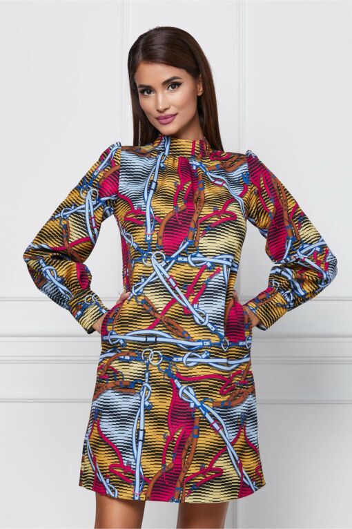 Black Friday 2022 Rochie Moze galben mustar cu imprimeuri bleu si rosii