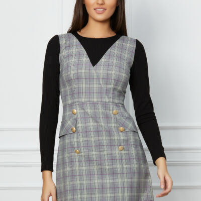 Black Friday 2022 Rochie Moze gri cu carouri lila tip sarafan