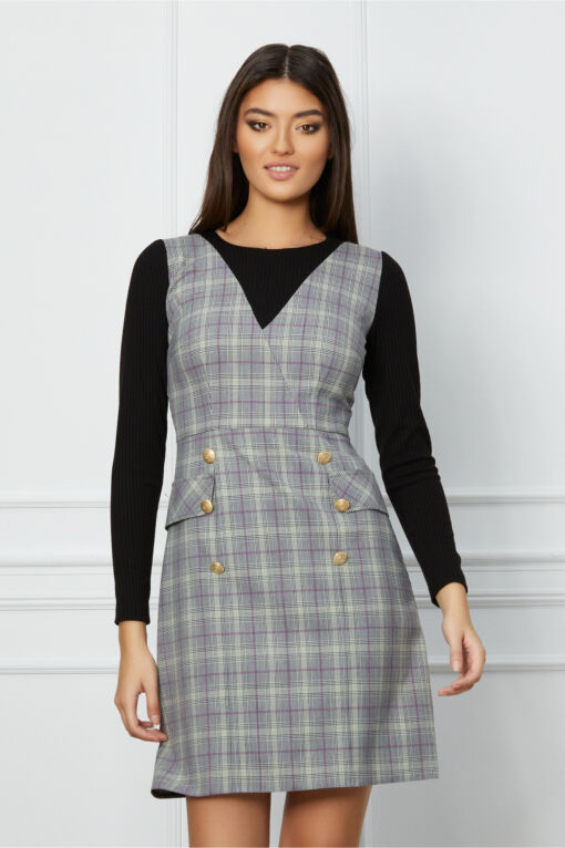 Black Friday 2022 Rochie Moze gri cu carouri lila tip sarafan