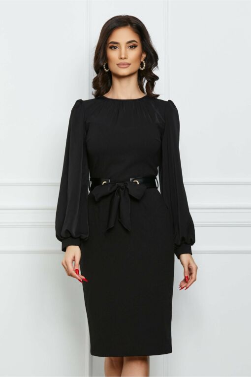 Black Friday 2022 Rochie Moze neagra cu centura din piele ecologica in talie