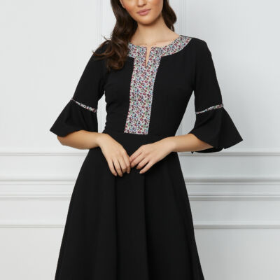 Black Friday Rochie Moze neagra cu imprimeu pe bust si maneci clopot