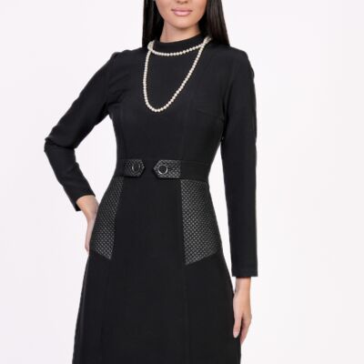 Black Friday Rochie Moze neagra cu insertii din piele ecologica