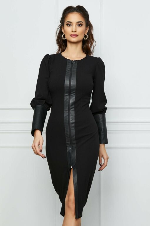 Black Friday 2022 Rochie Moze neagra cu insertii din piele ecologica si fermoar