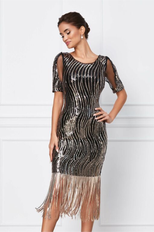 Black Friday 2022 Rochie Moze neagra cu paiete si franjuri la baza