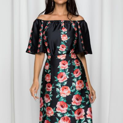 Black Friday 2022 Rochie Moze neagra cu umerii goi si imprimeu trandafiri
