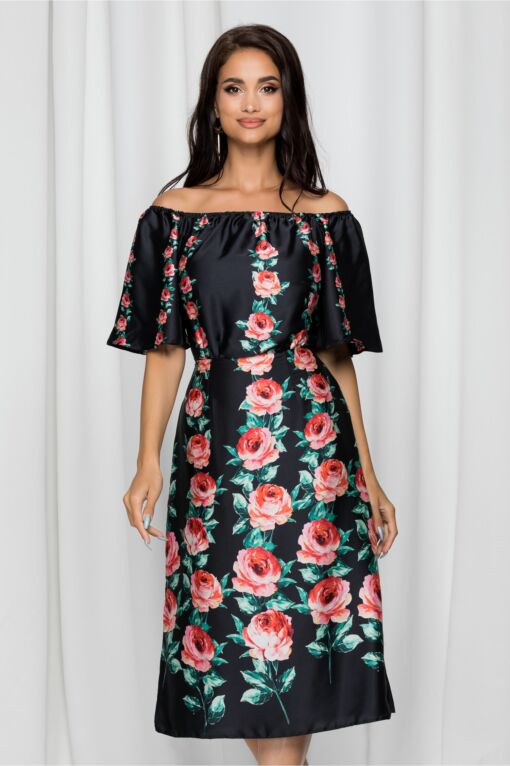 Black Friday 2022 Rochie Moze neagra cu umerii goi si imprimeu trandafiri