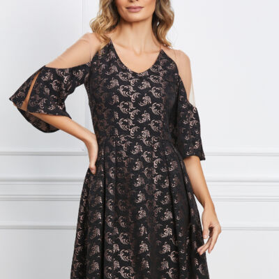Black Friday 2022 Rochie Moze neagra din brocard cu tull la umeri