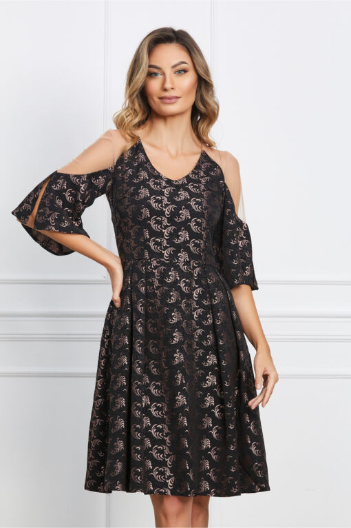Black Friday 2022 Rochie Moze neagra din brocard cu tull la umeri