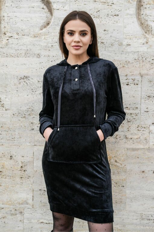 Black Friday Rochie Moze neagra din catifea cu gluga