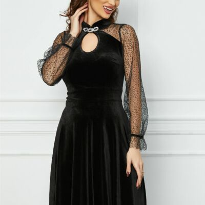 Black Friday Rochie Moze neagra din catifea cu maneci din tull