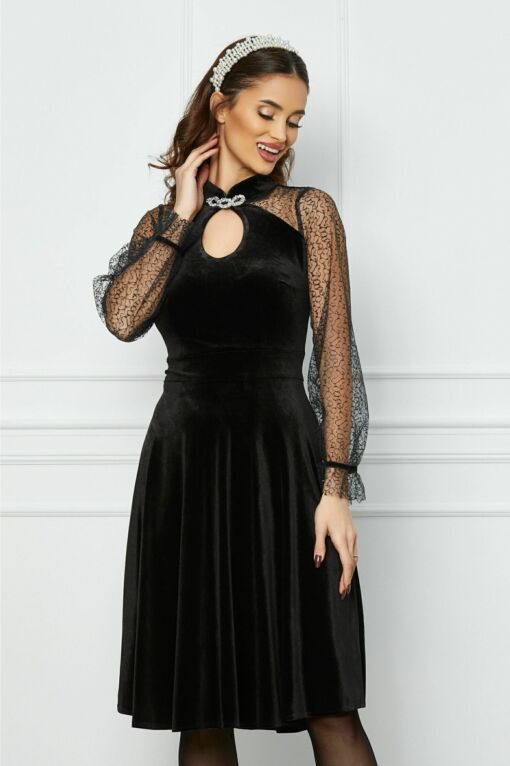 Black Friday Rochie Moze neagra din catifea cu maneci din tull