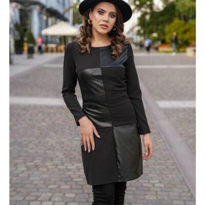 Black Friday 2022 Rochie Moze neagra scurta cu insertii din piele ecologica