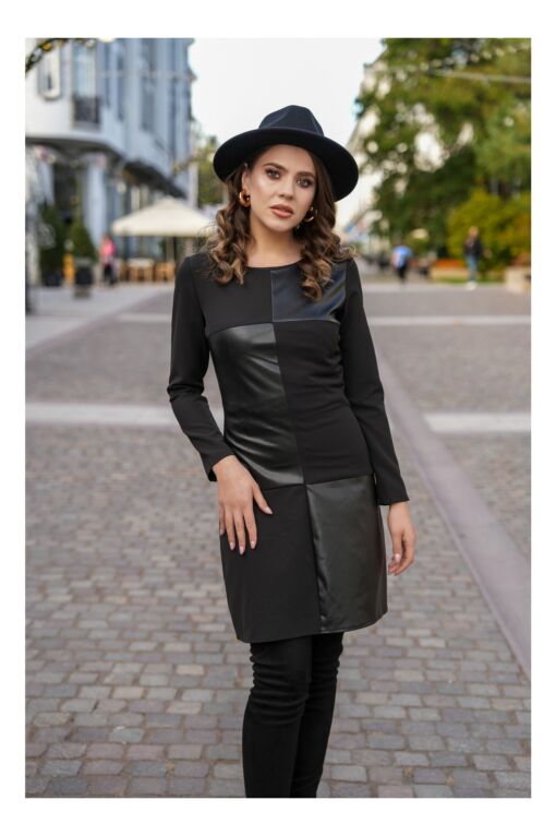 Black Friday 2022 Rochie Moze neagra scurta cu insertii din piele ecologica