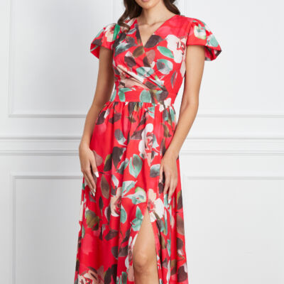 Black Friday 2022 Rochie Moze rosie cu imprimeuri florale si crepeu