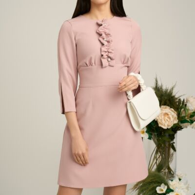 Black Friday Rochie Moze roz pudra scurta cu volanase si perle pe bust