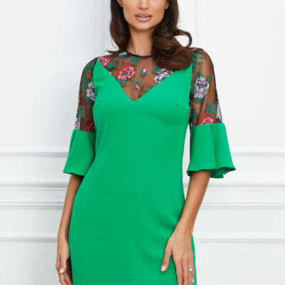 Black Friday 2022 Rochie Moze verde cu broderie florala pe bust si maneci