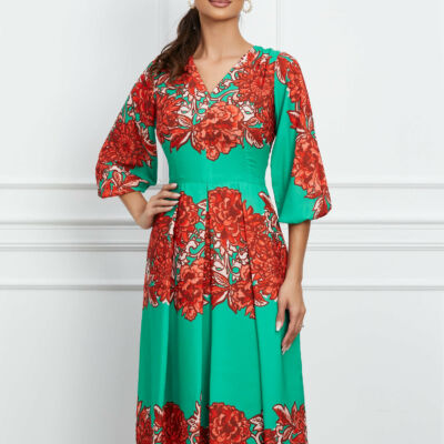 Black Friday Rochie Moze verde cu imprimeu floral orange