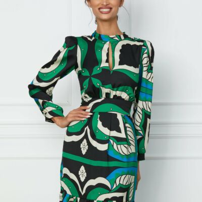 Black Friday 2022 Rochie Moze verde cu imprimeuri negre si volan la baza
