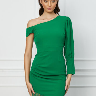 Black Friday 2022 Rochie Moze verde cu pene la baza si lungime asimetrica