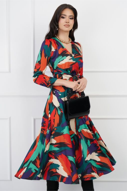 Black Friday Rochie Moze verde din satin cu imprimeuri corai si mov