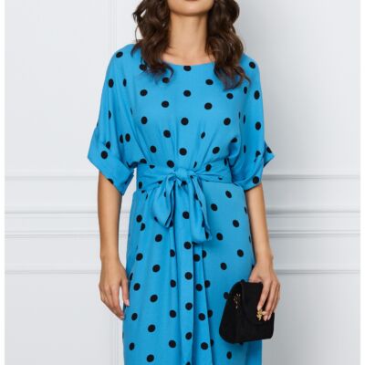 Black Friday Rochie Nadia albastra cu buline si cordon in talie