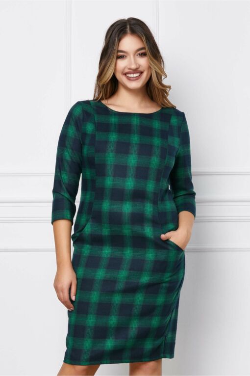Black Friday 2022 Rochie Nadia verde cu carouri bleumarin si buzunare