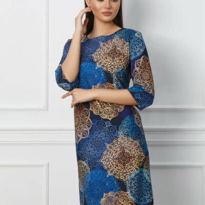 Black Friday 2022 Rochie Natalia albastra cu imprimeu galben