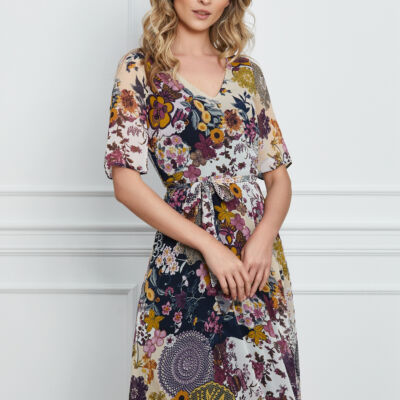 Black Friday 2022 Rochie Natalia ivory cu imprimeu si cordon in talie