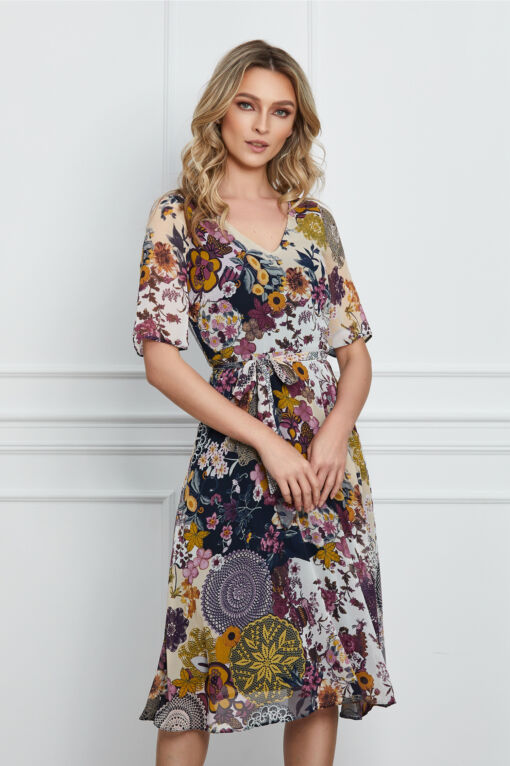 Black Friday 2022 Rochie Natalia ivory cu imprimeu si cordon in talie