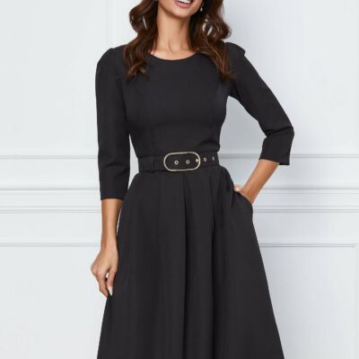 Black Friday 2022 Rochie Natalia neagra cu pliuri pe fusta si curea in talie