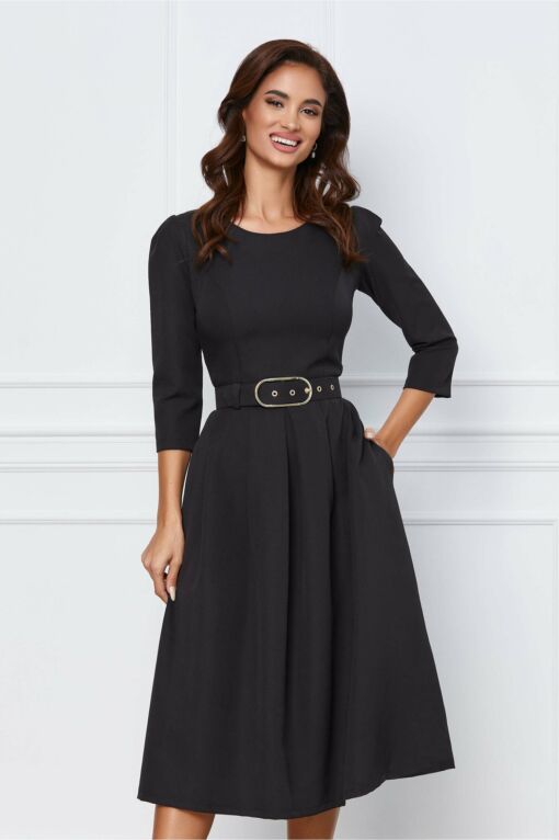 Black Friday 2022 Rochie Natalia neagra cu pliuri pe fusta si curea in talie
