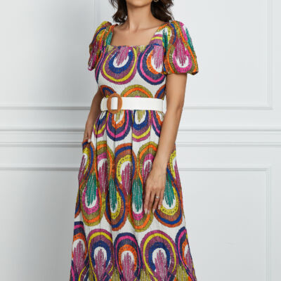 Black Friday 2022 Rochie Oana alba de vara cu imprimeu multicolor si curea in talie