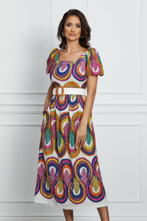 Black Friday 2022 Rochie Oana alba de vara cu imprimeu multicolor si curea in talie