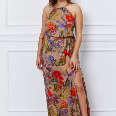 Black Friday 2022 Rochie Oana beige cu imprimeu floral orange-mov