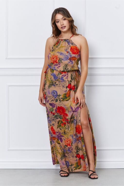 Black Friday 2022 Rochie Oana beige cu imprimeu floral orange-mov