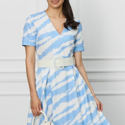 Black Friday Rochie Oana bleu cu imprimeu alb si curea in talie