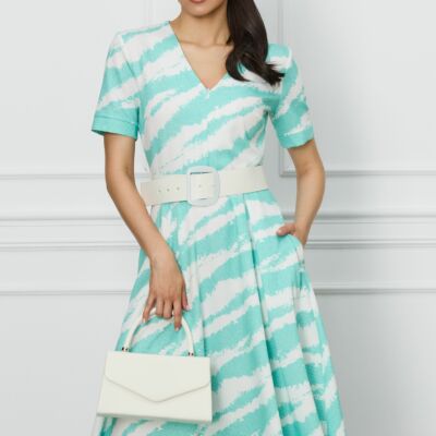 Black Friday 2022 Rochie Oana verde mint cu imprimeu alb si curea in talie