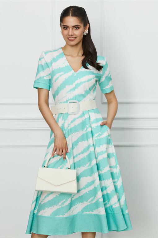 Black Friday 2022 Rochie Oana verde mint cu imprimeu alb si curea in talie