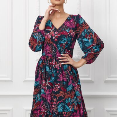 Black Friday 2022 Rochie Olena bleumarin cu imprimeu fucsia