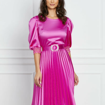Black Friday 2022 Rochie Ozana fucsia din satin cu fusta plisata si curea in talie