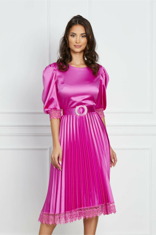 Black Friday 2022 Rochie Ozana fucsia din satin cu fusta plisata si curea in talie