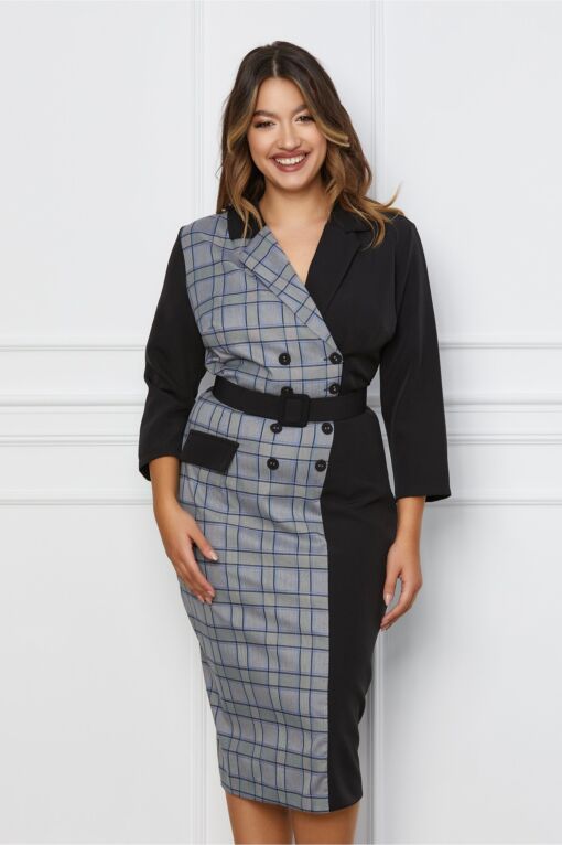 Black Friday 2022 Rochie Paula neagra cu carouri si curea in talie