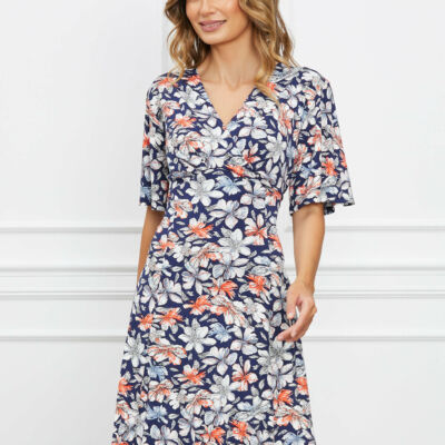 Black Friday 2022 Rochie Raisa bleumarin cu flori albe si orange