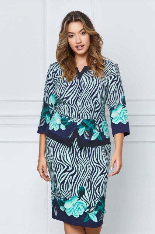 Black Friday 2022 Rochie Raluca bleumarin cu imprimeu verde si trandafiri