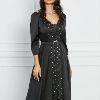 Black Friday 2022 Rochie Raluca neagra cu strasuri si bilute si curea in talie